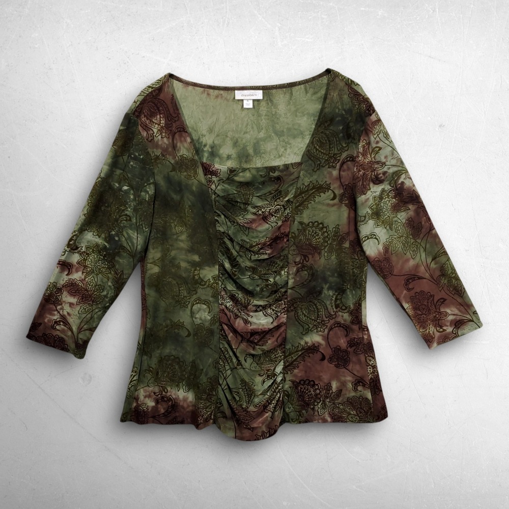 Ruched Velvet Burnout Blouse Women XL Green Square Neck Whimsigoth Dressbarn